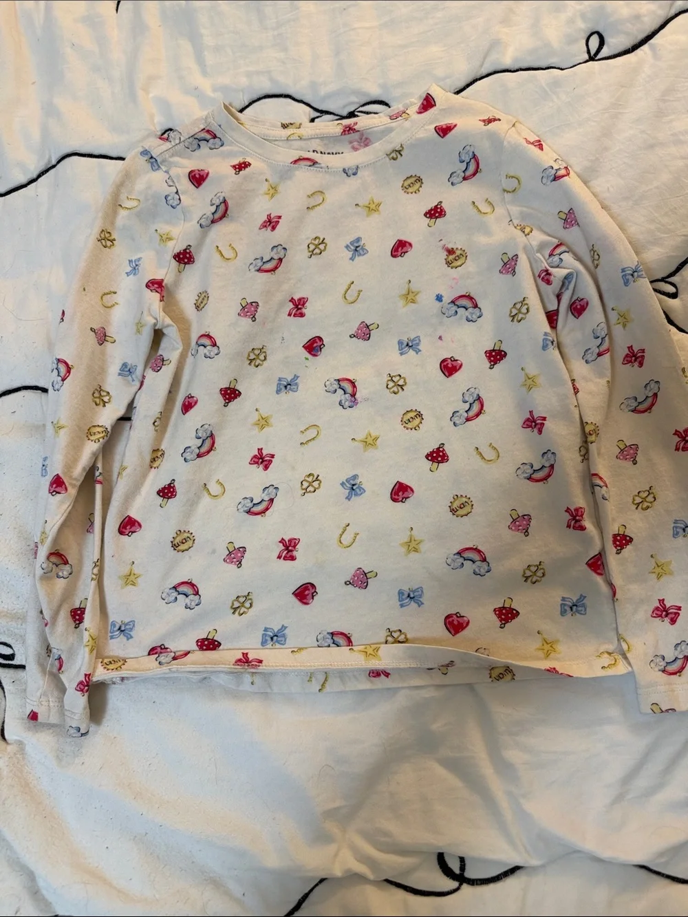 Kids Long-Sleeve Top in Cream with Rainbow & Heart Print